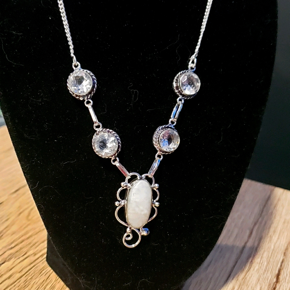 Handmade Rainbow Moonstone Crystal Topaz 925 Neckl